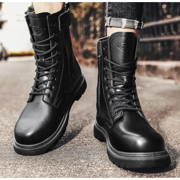 Motorcycle Boots Steel Toe Kick Not Broken Labor Safety Shoes Military Boots PU Rubber Color Box Color Box 15 Black 39 Size Men [No Text Packaging].