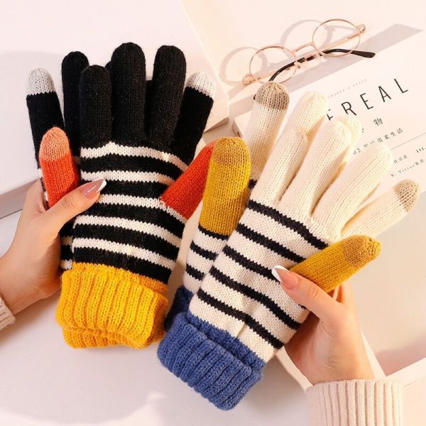 Color blocking warm couple cute wool striped touchable gloves,Common use,Uni size,split-finger gloves,100% polyester fiber【Packaging without Words】_201666613_hd