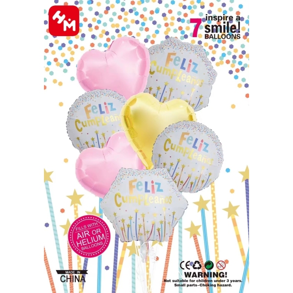 7pcs Spanish Happy Birthday Set Party Aluminum Balloons