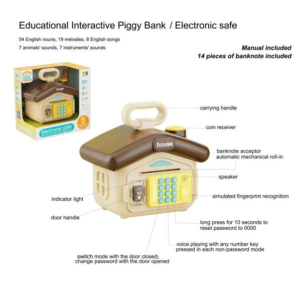 Puzzle early education sound and light house type electronic deposit box - password protection, fingerprint authentication simulation, automatic banknote rolling, English IC; Comes with a pack of banknotes and an English manual