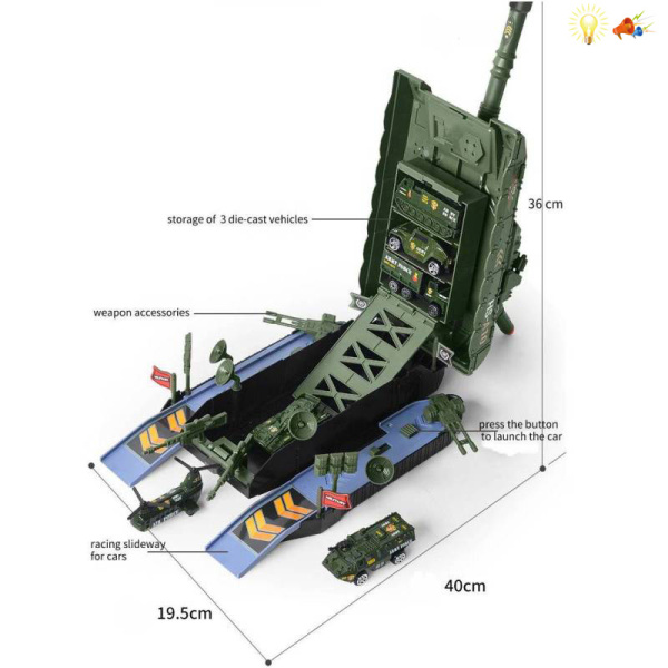 Многофункциональный 2 в 1 приемный деформированный танк может запускать ракеты - со звуком и светом (случайно с 3 легированными автомобилями, 14 военным оружием, наклейками DIY)