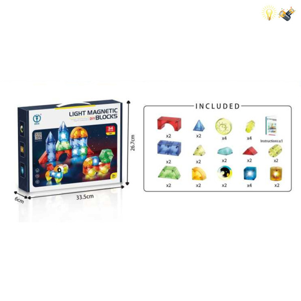 34(pcs)Puzzle Magnetic Building Blocks,Magnetic,Lights,With battery,Plastic【English Packaging】_201689310_hd