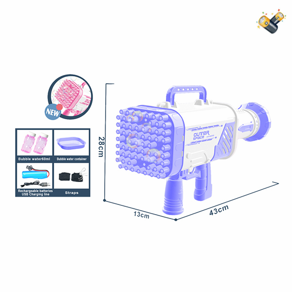 Пистолет для пузырьков с 64 отверстиями + USB-кабель + 2 бутылочки с водой для пузырьков + черный ремешок + прозрачная наклейка