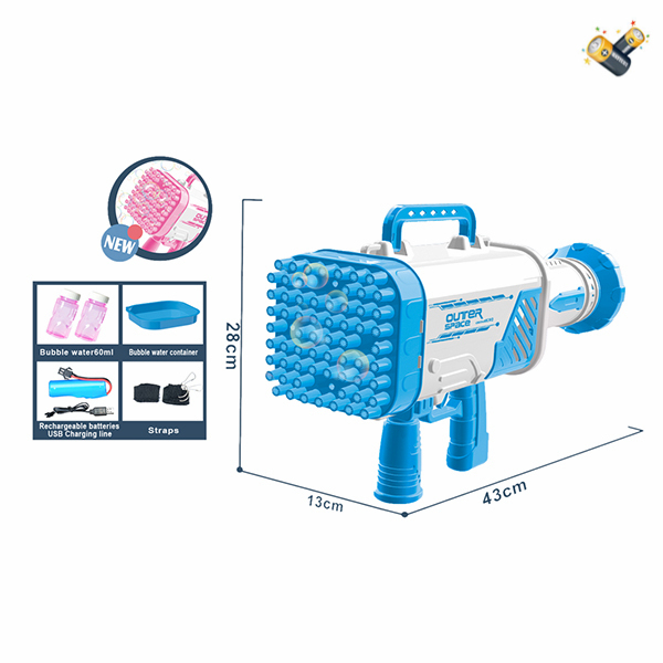 Пистолет для пузырьков с 64 отверстиями + USB-кабель + 2 бутылочки с водой для пузырьков + черный ремешок + прозрачная наклейка
