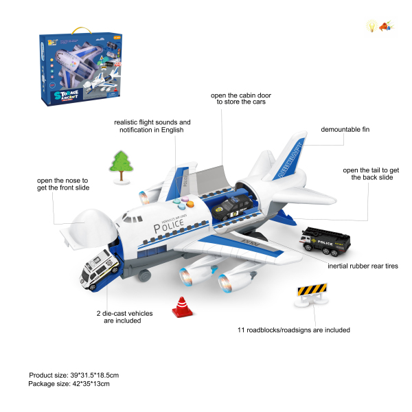 Прием инерционных самолетов Транспортный самолет с цветным освещением и имитационными звуковыми эффектами - с 2 легированными автомобилями + 11 блокпостов + наклейки DIY