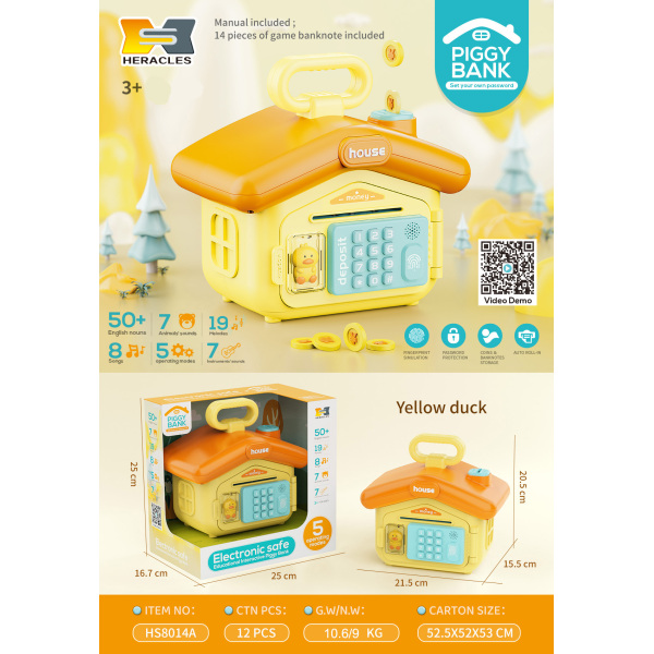 Puzzle early education sound and light house type electronic deposit box - password protection, fingerprint authentication simulation, automatic banknote rolling, English IC; Comes with a pack of banknotes and an English manual