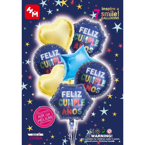 7pcs Spanish Happy Birthday Set Party Aluminum Balloons