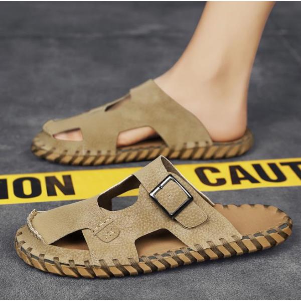 Vintage style Baotou shoes sandals leather slippers suede microfiber rubber color box color box 30 khaki size 39 men [no text packing].