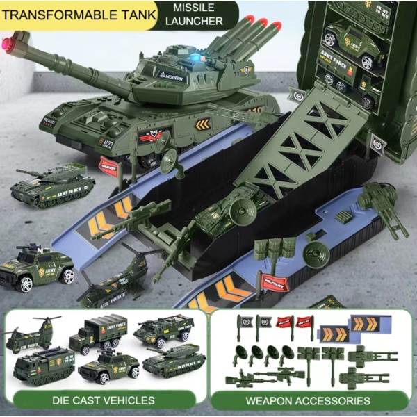Многофункциональный 2 в 1 приемный деформированный танк может запускать ракеты - со звуком и светом (случайно с 3 легированными автомобилями, 14 военным оружием, наклейками DIY)