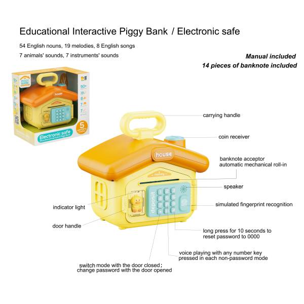 Puzzle early education sound and light house type electronic deposit box - password protection, fingerprint authentication simulation, automatic banknote rolling, English IC; Comes with a pack of banknotes and an English manual