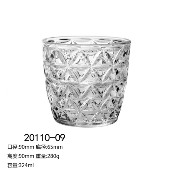 Single color clear packaging of patterned relief glass candle holders [without text packaging]