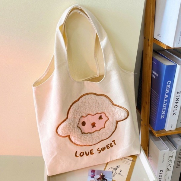 Crossbody Student Tote Canvas Bag,Beige color,one colour only,Plush【Packaging without Words】_201752980_hd