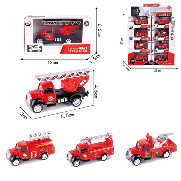 24PCS 4 Модель 1: 55 Легковая пожарная машина Инерционный механизм с отводом назад  Чёрные колёса Металл【Упаковка на английском языке】_201284819_hd