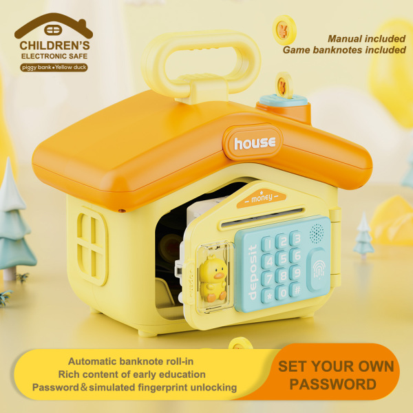 Puzzle early education sound and light house type electronic deposit box - password protection, fingerprint authentication simulation, automatic banknote rolling, English IC; Comes with a pack of banknotes and an English manual