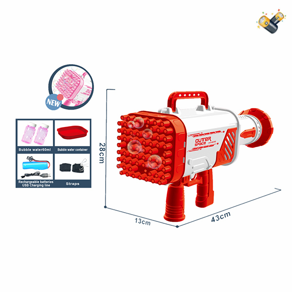 Пистолет для пузырьков с 64 отверстиями + USB-кабель + 2 бутылочки с водой для пузырьков + черный ремешок + прозрачная наклейка