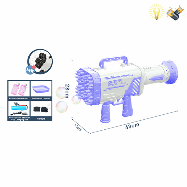 Пистолет для пузырьков с 52 отверстиями + USB-кабель + 2 бутылочки с водой для пузырьков + черный ремешок + прозрачная наклейка