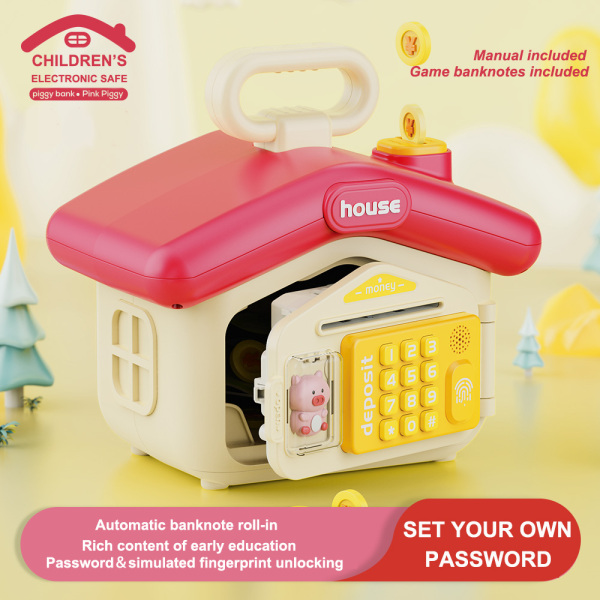 Puzzle early education sound and light house type electronic deposit box - password protection, fingerprint authentication simulation, automatic banknote rolling, English IC; Comes with a pack of banknotes and an English manual