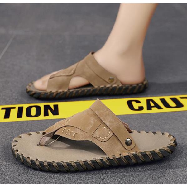 Vintage Style Clip Toe Sandals Leather Slippers Suede Microfiber Rubber Color Box Color Box 30 Khaki Size 39 Men [No Text Packaging].