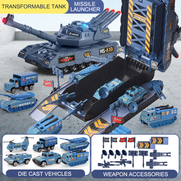 Многофункциональный 2 в 1 приемный деформированный танк может запускать ракеты - со звуком и светом (случайно с 3 легированными автомобилями, 14 военным оружием, наклейками DIY)