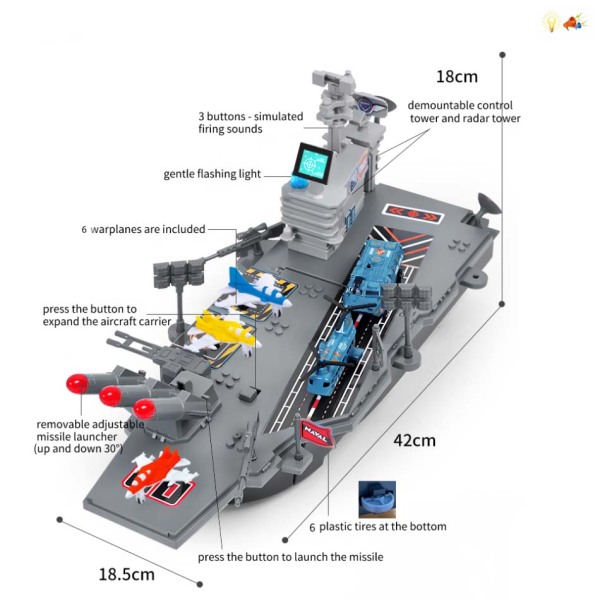 Многофункциональный 2 в 1 для приема деформированных авианосцев может запускать ракеты - со звуком и светом (случайно с 3 легированными автомобилями, 6 самолетами, военными флагами, наклейками DIY)