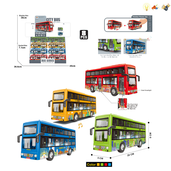 8PCS Двухэтажный городской автобус типа 4,инерционный,Открывающиеся двери,Со светом,Со звуком,IC без слов,С элементами питания,пластик【Упаковка на английском языке】_201905556_hd