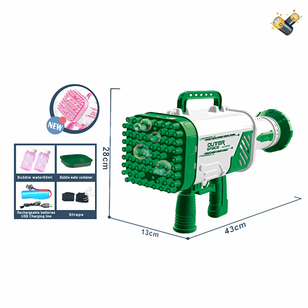 Пистолет для пузырьков с 64 отверстиями + USB-кабель + 2 бутылочки с водой для пузырьков + черный ремешок + прозрачная наклейка