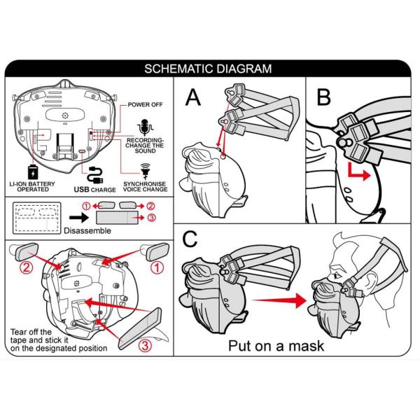 Pirate voice mask with USB, headband, gasket, instruction manual