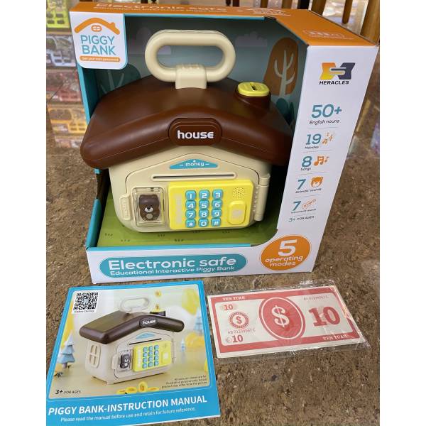 Puzzle early education sound and light house type electronic deposit box - password protection, fingerprint authentication simulation, automatic banknote rolling, English IC; Comes with a pack of banknotes and an English manual