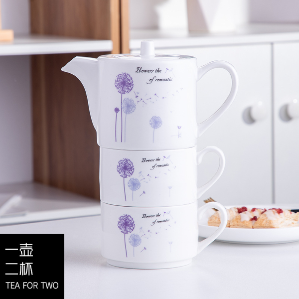 Nordic Ceramic Flower Tea Set with One Pot and Two Cups 【 400ml+200ml 】,one colour only,Ceramics【English Packaging】_201896601_hd