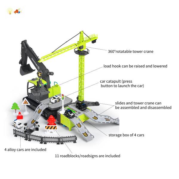 Многофункциональный 2 в 1 рельсовый деформационный прием инерционный экскаватор башня автостоянка со звуком и светом - (с 4 Q - версией инженерного сплава + 11 блокпостов + наклейки DIY)