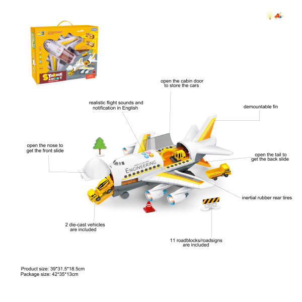 Прием инерционных самолетов Транспортный самолет с цветным освещением и имитационными звуковыми эффектами - с 2 легированными автомобилями + 11 блокпостов + наклейки DIY