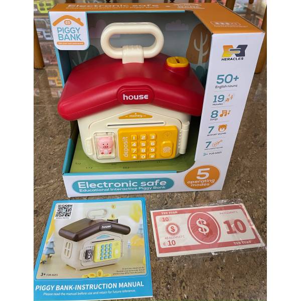 Puzzle early education sound and light house type electronic deposit box - password protection, fingerprint authentication simulation, automatic banknote rolling, English IC; Comes with a pack of banknotes and an English manual