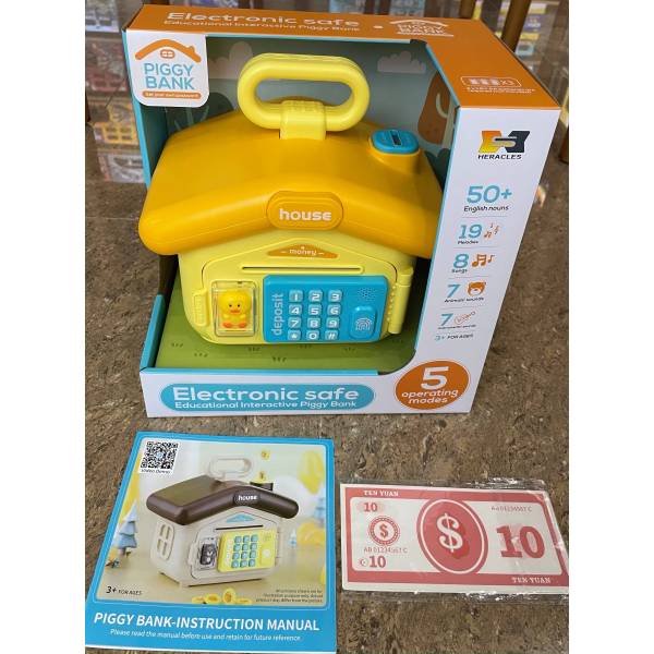 Puzzle early education sound and light house type electronic deposit box - password protection, fingerprint authentication simulation, automatic banknote rolling, English IC; Comes with a pack of banknotes and an English manual