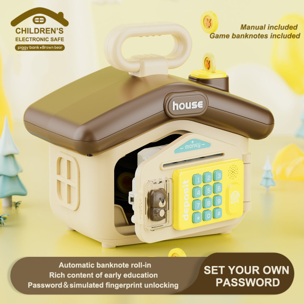 Puzzle early education sound and light house type electronic deposit box - password protection, fingerprint authentication simulation, automatic banknote rolling, English IC; Comes with a pack of banknotes and an English manual