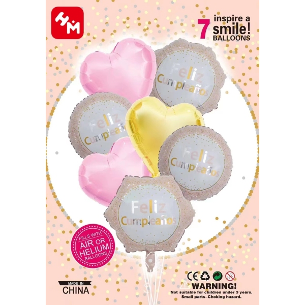 7pcs Spanish Happy Birthday Set Party Aluminum Balloons